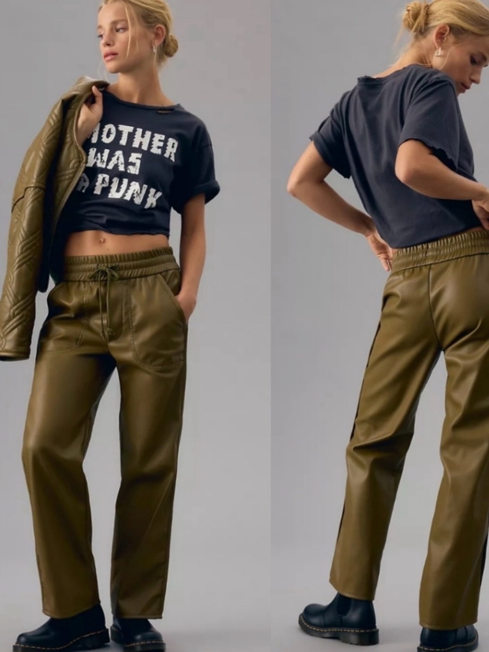MOTHER The Rambler Lounger Ankle Faux Leather Pants Olive Size M